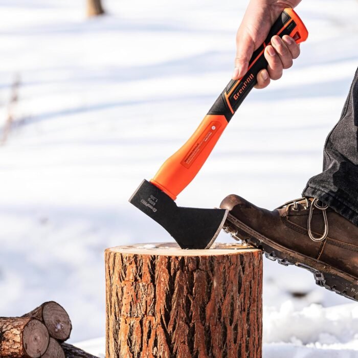 Hatchet Axe with Sheath, 15" Camping Hatchet for Wood Splitting and Kindling, Forged Carbon Steel Heat Treated Chopping Axe Handle with Anti-Slip Grip Orange - Image 7