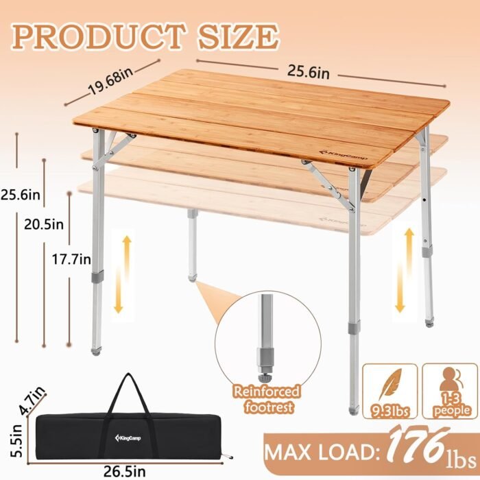 KingCamp Bamboo Folding Table Environmental Camping Table with Adjustable Height Aluminum Legs Heavy Duty 4-Folds Portable Camp Tables for Travel, Picnic, Party, Beach, 1-2 People - Image 3