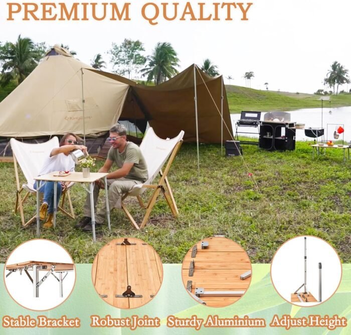 KingCamp Bamboo Folding Table Environmental Camping Table with Adjustable Height Aluminum Legs Heavy Duty 4-Folds Portable Camp Tables for Travel, Picnic, Party, Beach, 1-2 People - Image 4