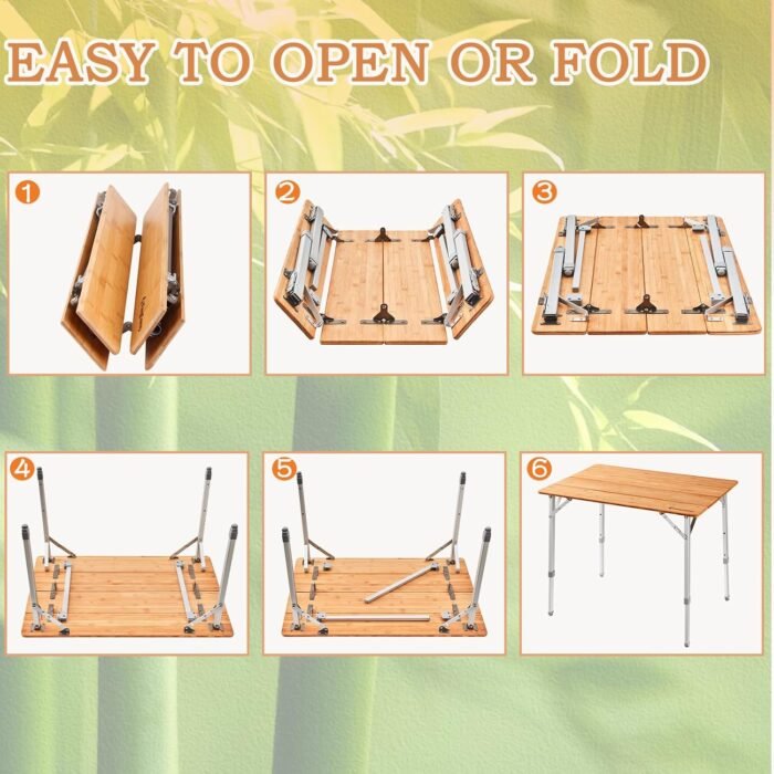 KingCamp Bamboo Folding Table Environmental Camping Table with Adjustable Height Aluminum Legs Heavy Duty 4-Folds Portable Camp Tables for Travel, Picnic, Party, Beach, 1-2 People - Image 5