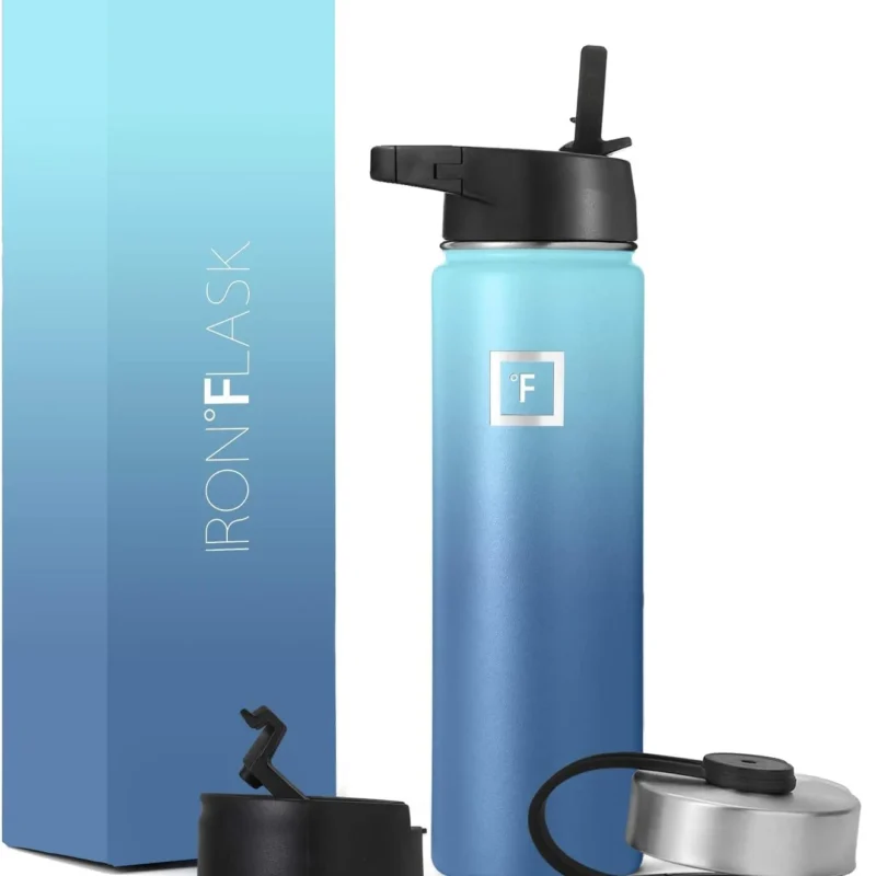 IRON °FLASK Camping & Hiking Hydration Flask, Wide Mouth, 3 Straw Lids, Stainless Steel Outdoor Water Bottle, Double Walled, Insulated Thermos, Metal Canteen - Blue Waves, 22 Oz