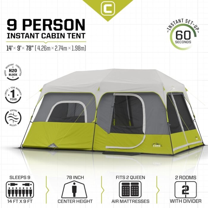 Core 9 Person Instant Cabin Tent - 14' x 9', Green (40008) - Image 3