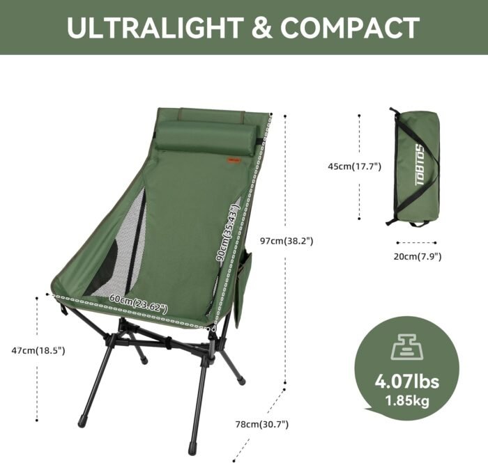 TOBTOS Portable High Back Camping Chair, Support Heavy Duty 440 lbs, Compact Folding Chair with Detachable Pillow for Camp, Hiking, Backpacking (Green) - Image 3