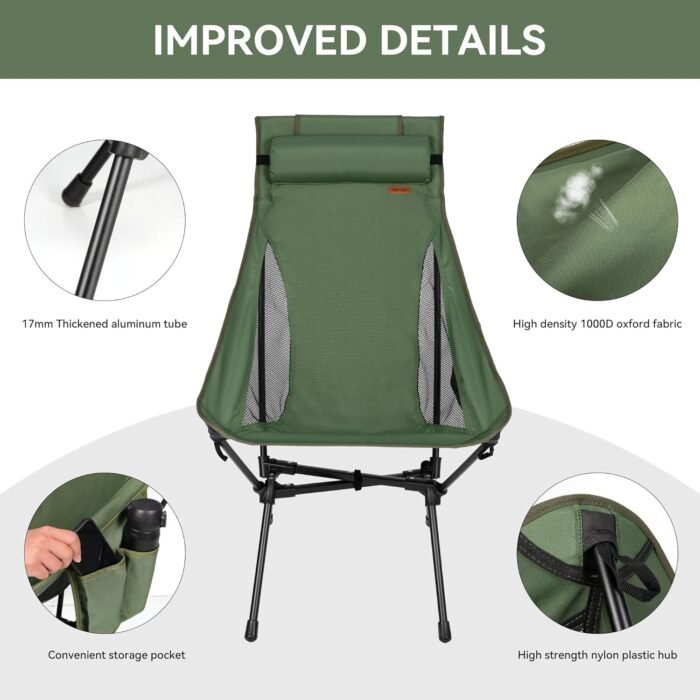 TOBTOS Portable High Back Camping Chair, Support Heavy Duty 440 lbs, Compact Folding Chair with Detachable Pillow for Camp, Hiking, Backpacking (Green) - Image 5