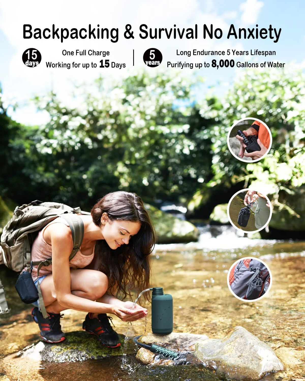 Electric Water Purifier Survival, 0.01 Micron '5-Stage' Water Filtration System Survival with Emergency Lighting Water Filter for Camping Backpacking Hiking, Green - Image 4