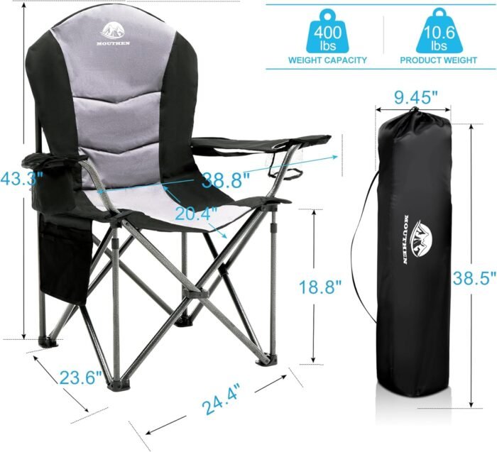 Oversized Camping Chair,Fully Padded Camp Chair Outdoor Heavy Duty Folding Lawn Chair with Cooler Bag,Head and Side Pocket -Support 400 lbs (1, Black&Grey, Extra Large) - Image 3