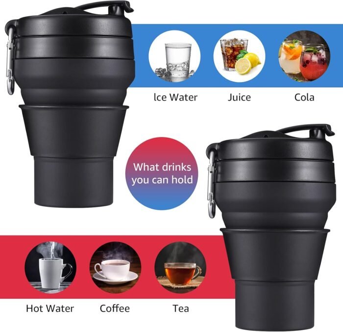 Collapsible Coffee Cup, 16 OZ 480ml Silicone Folding Camping Cup, Leak Proof BPA Free Portable Cup, Travel mug with Lids for hiking (Black) - Image 3