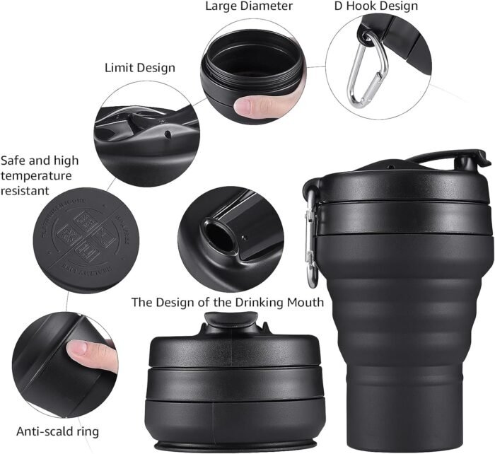 Collapsible Coffee Cup, 16 OZ 480ml Silicone Folding Camping Cup, Leak Proof BPA Free Portable Cup, Travel mug with Lids for hiking (Black) - Image 5