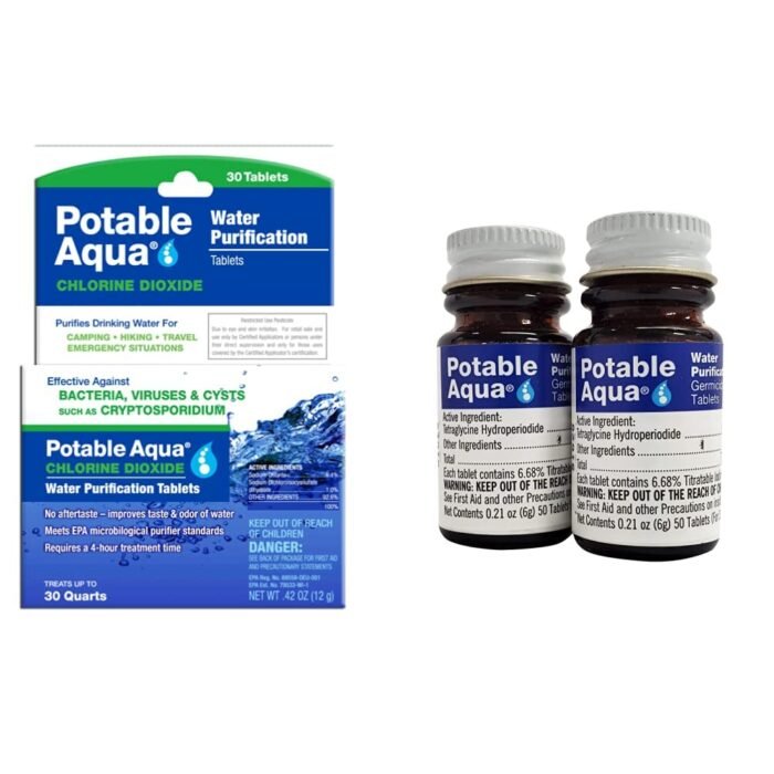 Potable Aqua Chlorine Dioxide Water Purification Tablets - 30 Count & Potable Aqua Water Purification Tablets, Portable and Effective Water Purification Solution, Two 50ct Bottles