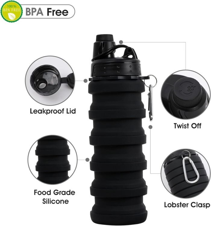 Collapsible Water Bottle for Adults, Boys, Students, Kids, Reusable Silicone Foldable Water Bottles for Travel Camping Hiking, Portable Sports Water Bottle, Black - Image 3