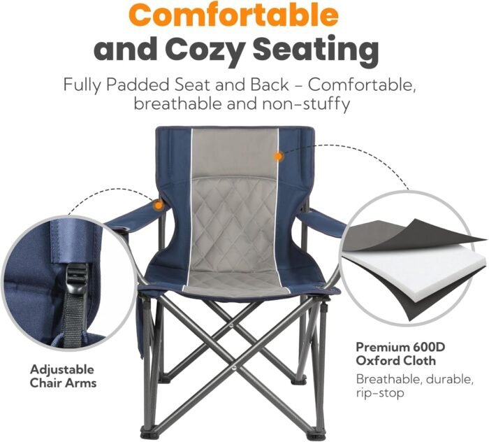 Heavy Duty Camping Chairs for Adults Support 800lbs Folding King Kong Camping Chair for Outside with Full Padded and Pocket, Sports Chairs for Adults Built Durable and Reliable, Blue - Image 7