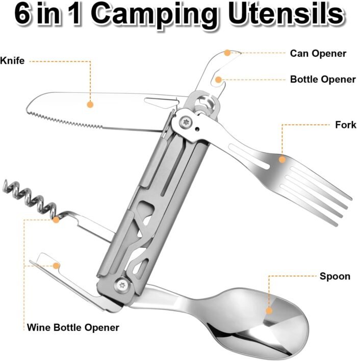 FLYHOMES 6 in 1 Camping Utensils Set Camping Fork Spoon Knife Combo Detachable Camping Flatware Set Portable Utensils for Outdoor Camping Hiking (1 PCS)… - Image 7