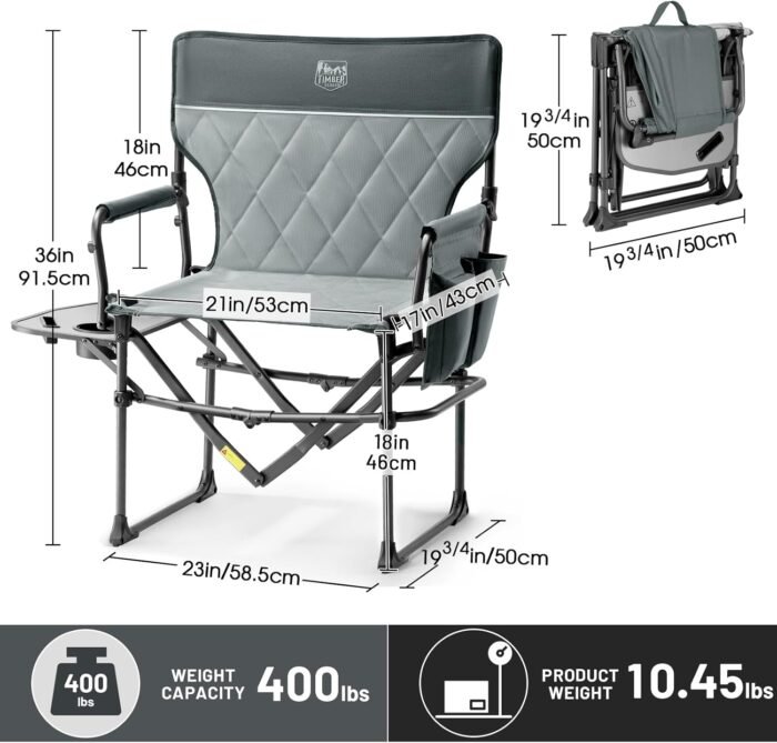 TIMBER RIDGE Heavy Duty Camping Chair with Compact Size, Portable Directors Chair with Side Table and Pocket for Camping, Lawn, Sports and Fishing, Supports up to 400lbs, Grey - Image 3