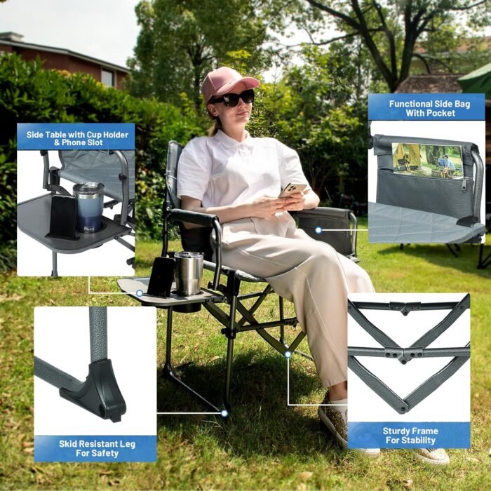 TIMBER RIDGE Heavy Duty Camping Chair with Compact Size, Portable Directors Chair with Side Table and Pocket for Camping, Lawn, Sports and Fishing, Supports up to 400lbs, Grey - Image 5