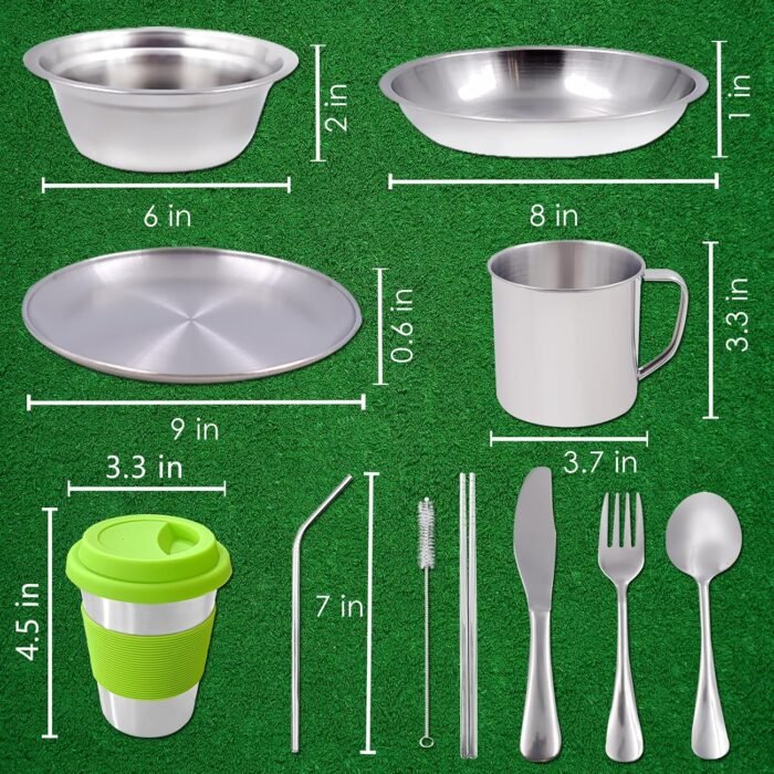 Camping Mess Kit Camping Plates Dishes Stainless Steel Camping Utensils Set Tableware Dinnerware with Bowls Cups Cutlery 1-2 Person for Backpacking, Hiking, Picnic, BBQ, RV Travel - Image 6