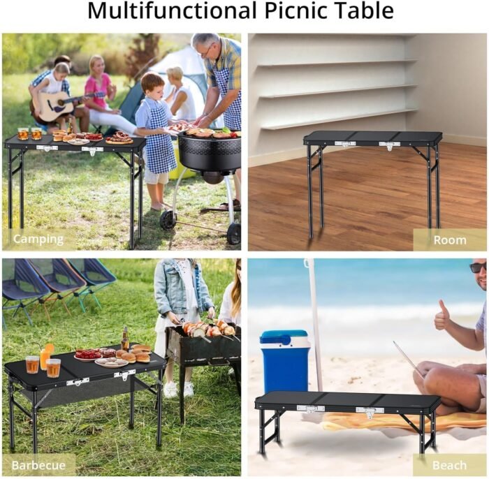 Folding Camping Table with Storage Net, 3ft Camping Table Aluminum Folding Table with 3 Adjustable Height Max 27.1 Inch Picnic Table Portable Table for Outdoor Backyard BBQ (Black) - Image 7