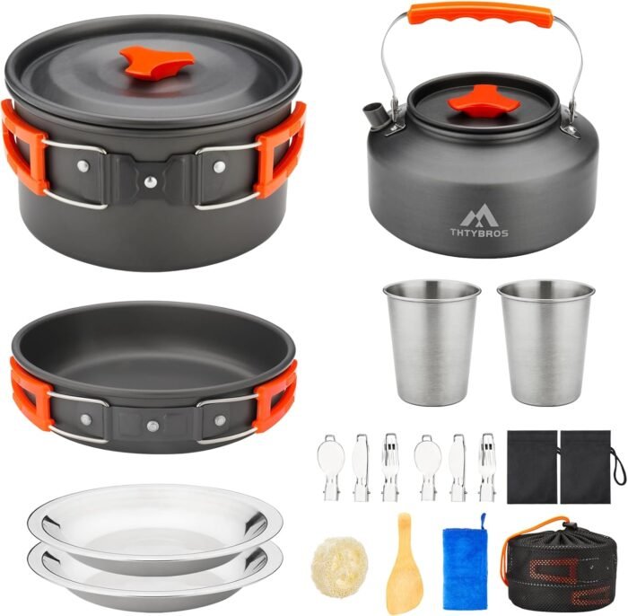 17pcs Camping Cookware Kit, 0.45Gal Pot, 7inches Pan,0.30Gal Kettle Set with 2 Set Stainless Steel Cups Plates Forks Knives Spoons for Hiking,Camping,Backpacking,Outdoor Cooking and Picnic