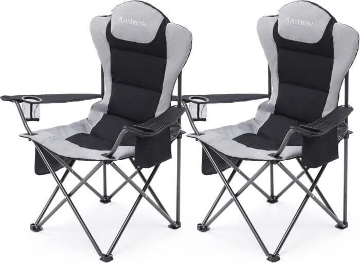 2 Pack Camp Chairs for Heavy People, Outdoor Folding Camping Chairs with Cup Holder & Cooler Bag for Outside Supports up to 300lbs (2 Pcs, Black)