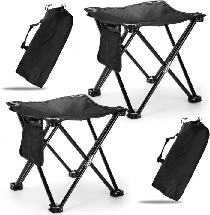 2 Pack Camping Stool, 13 Inch Compact Camping Chair Portable, Lightweight Folding Stool Seat with Side Pocket and Carry Bag for Outdoor Hiking, Fishing, Picnic, Beach and Lawn Party, Black