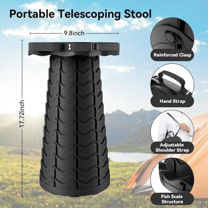 2024 Upgraded Collapsible Stool, Portable Folding Stool, Telescoping Camping Stool with Max Load Capacity 485lbs, Square Retractable Stool for Camping Gardening Fishing Hiking BBQ [Black] - Image 2