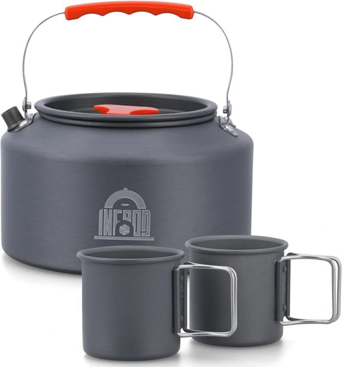 2.5L Camping Kettle Set - Camp Tea Coffee Pot with 2 Cups & Carrying Bag for Outdoor Camping Campfire Hiking Picnic & Backpacking, Gray