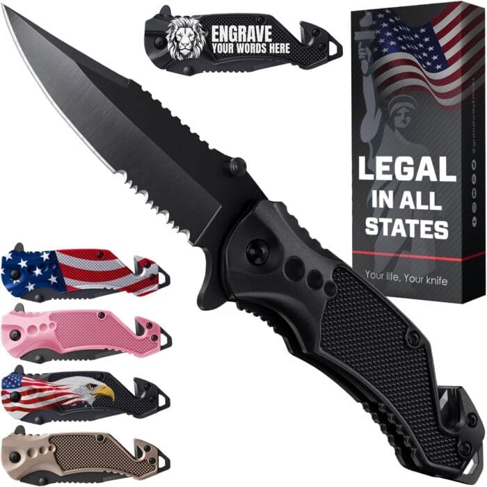 2.95” Serrated Blade Pocket Knife - Black Folding Knife with Glass Breaker Legal Pocket Knife- Small EDC Knife with Pocket Clip for Men Women - Sharp Tactical Camping Survival Hiking Knives 6680