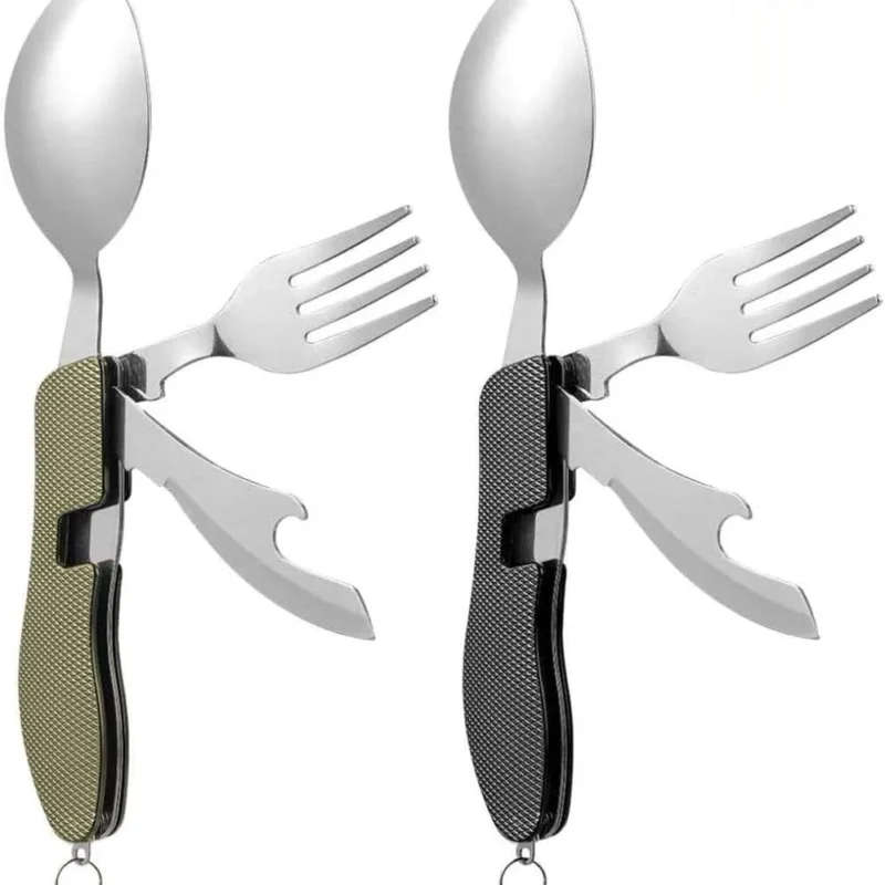 2Pcs Detachable Camping Utensils Cutlery Set, Caudblor Portable 4 in 1 Stainless Steel Travel Utensil, Foldable Knife Fork Spoon Bottle Opener, Multi Function Eating Flatware Tableware(Green Black)