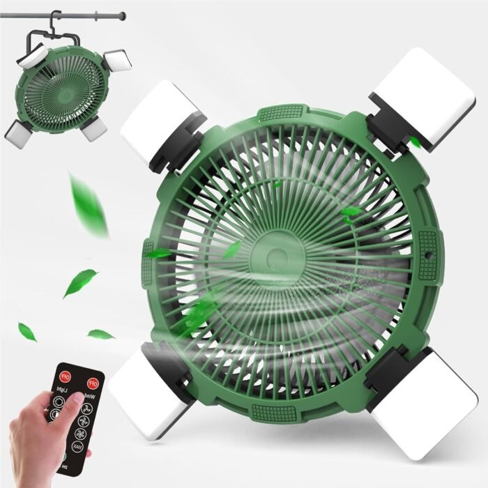 3-in-1Portable Rechargeable Camping Fan,Battery Powered Fan,4 Wind Speed and Brightness Mode,With LED light, Remote Control and Hook,Multi-Angle Oscillation for Tent,Office,Jobsite,Camping Accessories