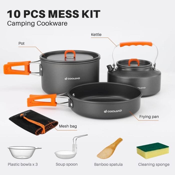 Odoland 10pcs Camping Cookware Camping Pots and Pans Set with Kettle Plastic Bowls and Soup Spoon for Camping, Backpacking, Outdoor Cooking and Picnic - Image 3