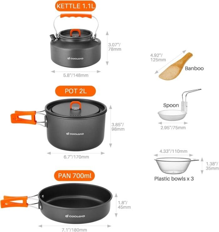 Odoland 10pcs Camping Cookware Camping Pots and Pans Set with Kettle Plastic Bowls and Soup Spoon for Camping, Backpacking, Outdoor Cooking and Picnic - Image 4