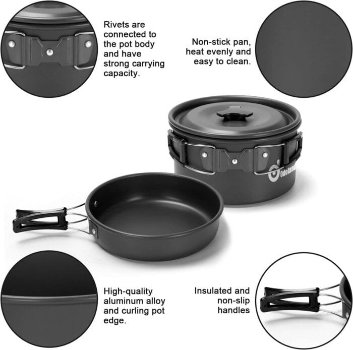 Odoland 15pcs Camping Cookware Mess Kit, Non-Stick Lightweight Pot Pan Kettle Set with Stainless Steel Cups Plates Forks Knives Spoons for Camping, Backpacking, Outdoor Cooking and Picnic - Image 5