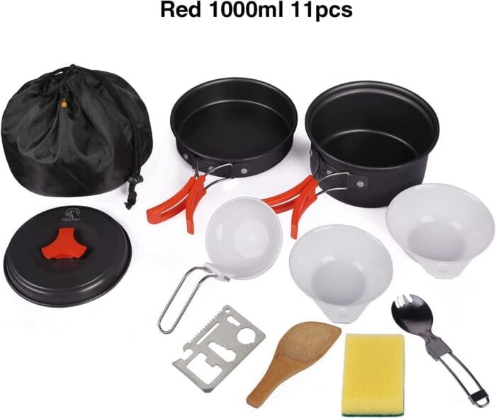 REDCAMP 11/12/17/22 PCS Camping Cookware Mess Kit, 800ml (28oz) Backpacking Camping Pot+Pan Set, Lightweight and Compact Cookware for Hiking, Picnic and Camping - Image 2