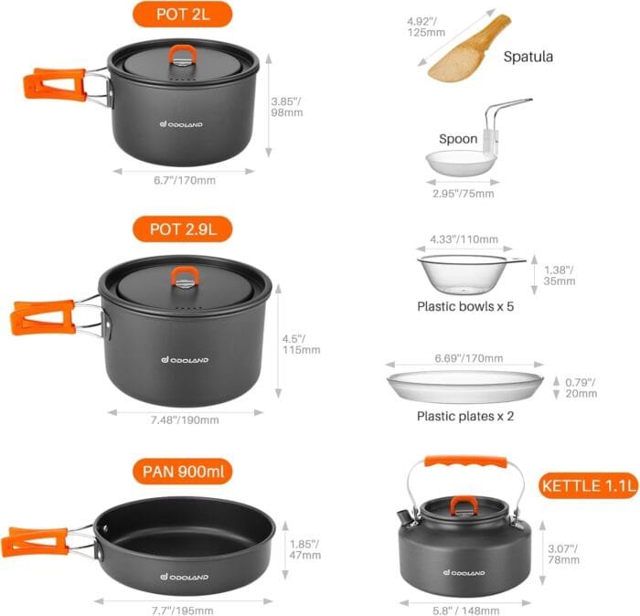 Odoland 15pcs Camping Cookware Non-Stick Lightweight Camping Pots and Pans Set with Kettle Plastic Plates Bowls Soup Spoon for Camping, Backpacking, Outdoor Cooking and Picnic - Image 6