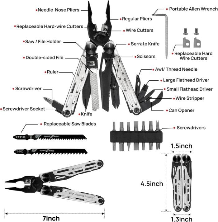 BIBURY Multitool Pliers, Stainless Steel 31-in-1 Multi Tool Pliers with Replaceable Wire Cutters and Saw, Foldable Multitools with Scissors and Screwdriver, Ideal for Camping, Survival, Repair - Image 2