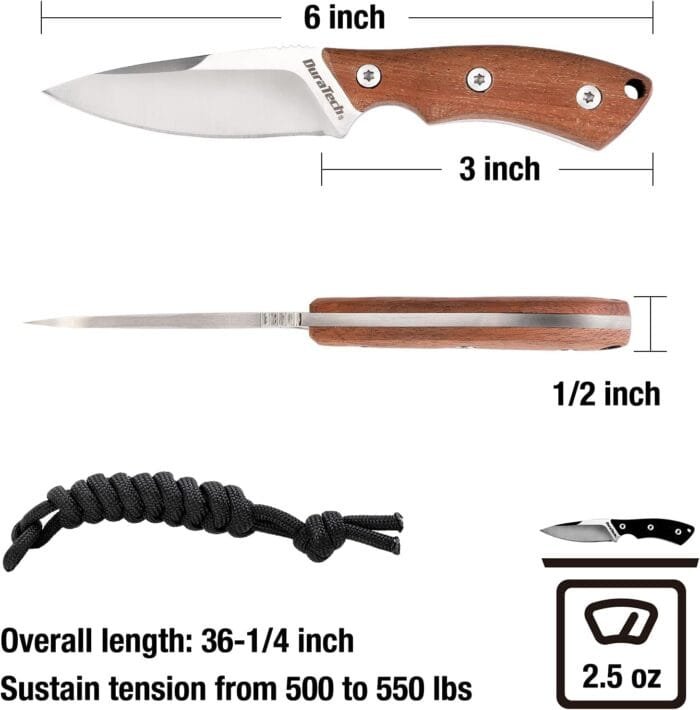 DURATECH Compact Fixed Blade Knife, 6-inch Neck Knife, 3-inch Blade, Full Tang, Wood Handle with Molded Sheath, Necklace and Paracord included, for EDC, Outdoor, Camping, Hiking - Image 4