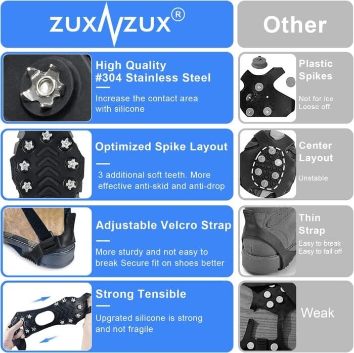 ZUXNZUX Crampons, Ice Cleats for Shoes and Boots, Silicone Stainless Steel Grippers Shoe Spikes Grips Traction for Ice Snow, Winter Hiking Climbing Ice Fishing - Image 2