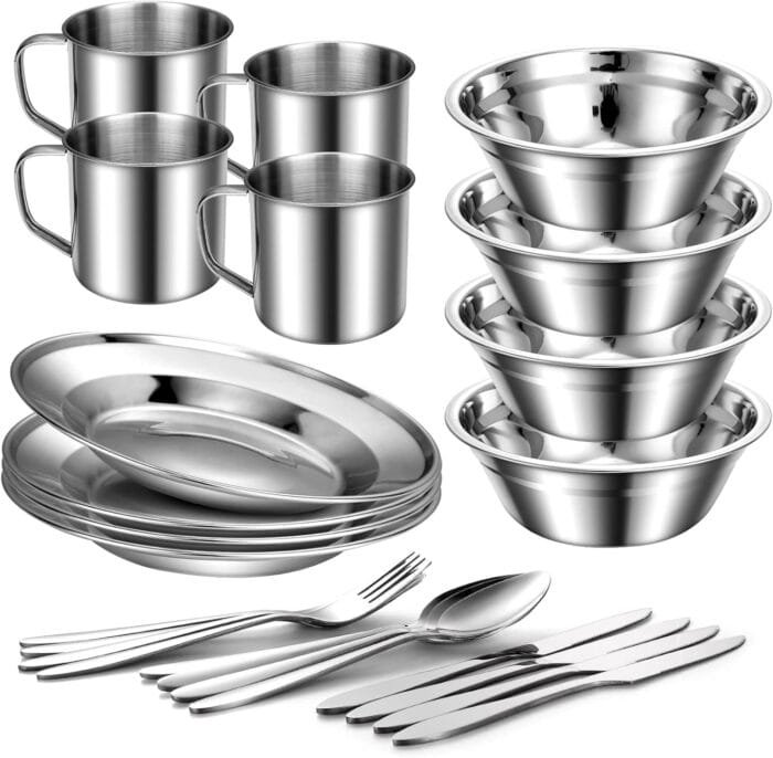 Odoland 29pcs Stainless Steel Utensils Camping Tableware Kit with Bowls Plates Cups Forks Spoons and Knives for 4, Cutlery Flatware Set for Backpacking, Outdoor Camping Hiking and Picnic - Image 8