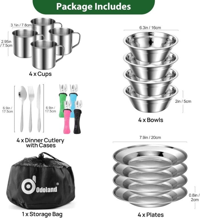 Odoland 29pcs Stainless Steel Utensils Camping Tableware Kit with Bowls Plates Cups Forks Spoons and Knives for 4, Cutlery Flatware Set for Backpacking, Outdoor Camping Hiking and Picnic - Image 2