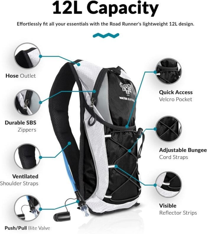 Water Buffalo Hydration Backpack - Lightweight Hydration Pack with 2L Water Bladder - Water Backpack for Hiking, Running, Biking, and Raves - Road Runner 12L Hydropack Backpack - Image 2