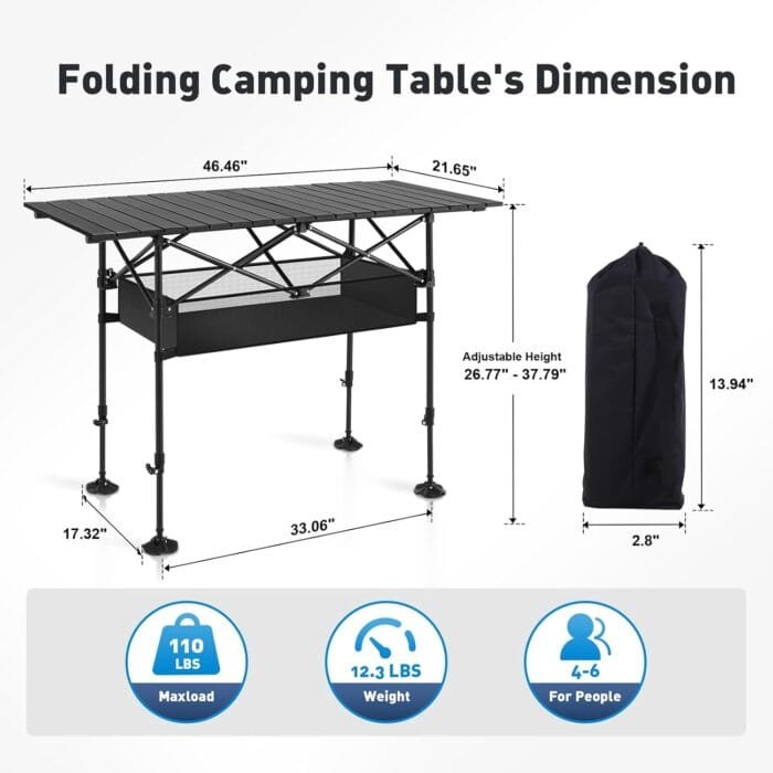 ALPHA CAMP Camping Table Folding Outdoor Table with Adjustable Height, Large Storage Bag and Carrying Bag, Portable Aluminum Table for Indoor & Outdoor Picnic BBQ Backyards Beach - Image 3