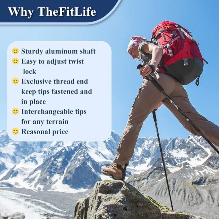 TheFitLife Nordic Walking Trekking Poles - 2 Sticks with Anti-Shock and Quick Lock System, Telescopic, Collapsible, Ultralight for Hiking, Camping, Mountaining, Backpacking, Walking, Trekking - Image 2