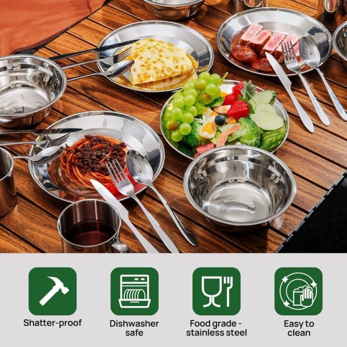 Odoland 29pcs Stainless Steel Utensils Camping Tableware Kit with Bowls Plates Cups Forks Spoons and Knives for 4, Cutlery Flatware Set for Backpacking, Outdoor Camping Hiking and Picnic - Image 4