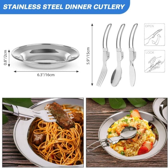 Odoland 15pcs Camping Cookware Mess Kit, Non-Stick Lightweight Pot Pan Kettle Set with Stainless Steel Cups Plates Forks Knives Spoons for Camping, Backpacking, Outdoor Cooking and Picnic - Image 6