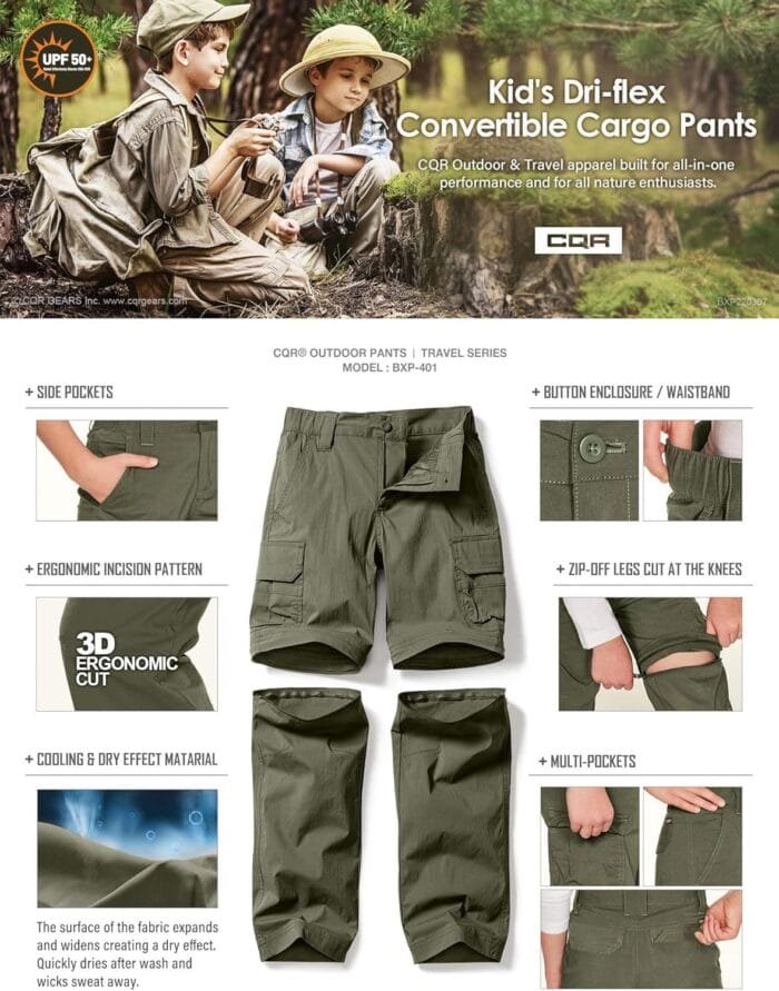 CQR Kids Youth Hiking Cargo Pants, UPF 50+ Quick Dry Convertible Zip Off Pants, Outdoor Camping Pants - Image 6