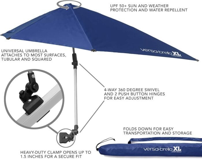 Versa-Brella UPF 50+ Personal Sun Shade - Portable Umbrella for Sports & Outdoors - Secure Clamp, 360-Degree Swivel Adjustable Position for Maximum Sun Protection - Compact with Carry Case - Image 2