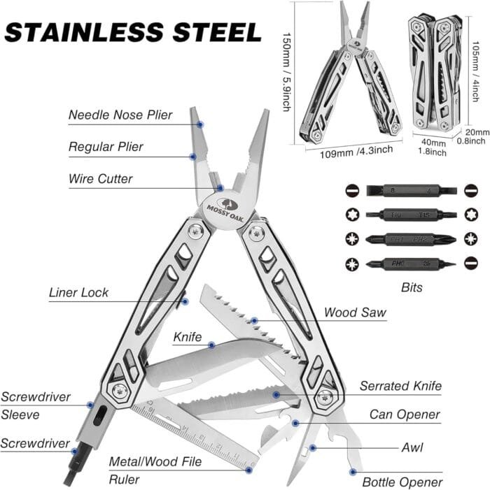 MOSSY OAK Multitool, 21-in-1 Stainless Steel Pocket Knife with Screwdriver Sleeve, Self-locking Pliers with Sheath-Perfect for Outdoor, Survival, Camping, Hiking, Simple Repair - Image 2