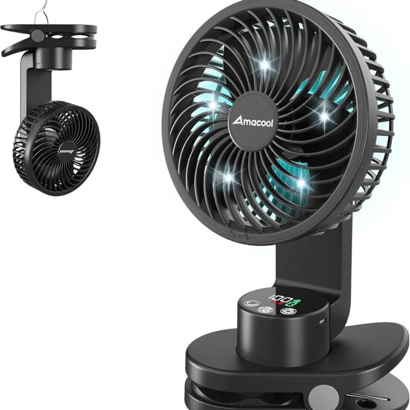 AMACOOL Battery Operated Camping Fan with Light, Rechargeable Clip on Fan with Hook & Digital Display, 30Hrs Running, 9 Speed, 360° Rotation Portable Small Fan for Tent Camping RV Travel