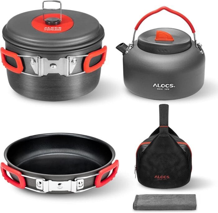 Alocs Camping Cookware, Alumina Camping Cooking Set with Camping Kettle, Lightweight Portable Camping Gear, Non-Stick Camping Pan Included Storage Carry Bag for Outdoor Backpacking Hiking and Picnic