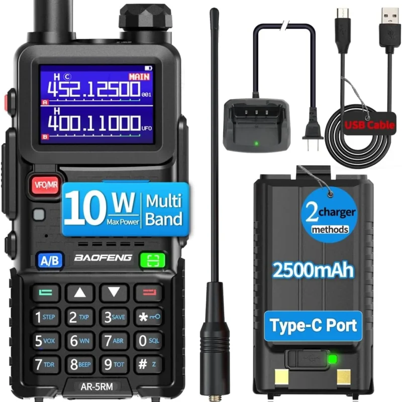 BAOFENG Radio 5RM Ham Radio10W Long Range Handheld AR-5RM Two Way Radio NOAA Weather Receiver Rechargeable Walkie Talkies Longe Range Copy Frequency 999CH with Type C Charging 2500mAh Battery