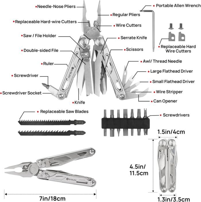 BIBURY Multitool Pliers, Stainless Steel Multi Tool Pliers with Replaceable Wire Cutters and Saw, Foldable Multitools with Scissors and Screwdriver, Ideal for Camping, Hiking, Survival, Repair - Image 2